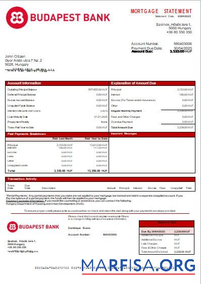 Realistic Hungary Budapest Bank – Szolnoki Fiók bank mortgage statement scr real example